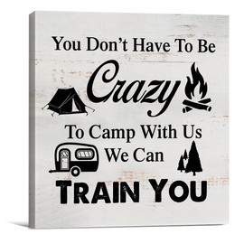 You Don’t Have to Be Crazy to Camp With Us Camping Sign Canvas Wall Art Home Decor 8 x 8 Inch Humor RV Camper Canvas Print Painting Framed Plaque Rustic Desk Shelf Artwork