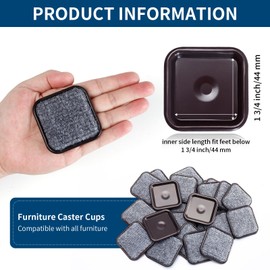 1 3/4" Square Reusable Felt Furniture Caster Cups with Carpet Bottom, Felt Furniture Sliders Floor Protectors Pads to Protect Hardwood, Tile or Laminate Floors from Scratches, Brown/Gray (16 Pack)