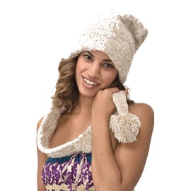 Hand Made 100% Merino Wool Long Tail Hat Scarf Combo Ski Cap Snowboard Hand Knitted Scarves Wool Fleece Lined Stocking Cap Scarf in One Beige