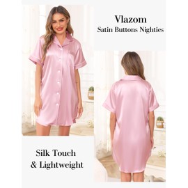 Vlazom Women's Satin Nightshirt Button Down Silk Nightdress Short Sleeve Nighties Boyfriend Sleepshirt Notch Collar Sleepwear Pink,L