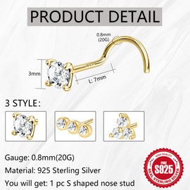 KASFREE 925 Sterling Silver Nose Stud 20G Corkscrew Nose Ring Tiny Nose Studs Gold Nose Stud Hypoallergenic Nose Piercings for Women, Cubic Zirconia, cubic zirconia