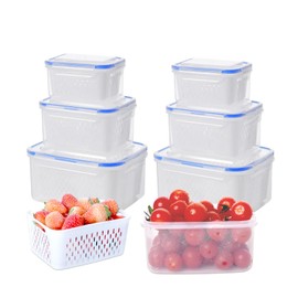 LKOOYFHE Food Storage Containers with Drain Basket, 6-Piece Set (3 Sizes), Airtight Produce Saver Bins with Lids for Fridge (Blue)