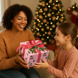 GIOLAINY Red Car Christmas Wrapping Paper for Kids Men Women - Pink Holiday Gift Wrap with Christmas Trees & Red Car - 4 Sheets (28 x 40 inches), Easy to Store