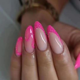 Hot Pink Gradient French Tip Press on Nails Medium Almond Fake Nails Pink Glitter Designs False Nails Full Cover Stick on Nails Reusable Acrylic Artificial Nails Glue on Nails for Women 24Pcs