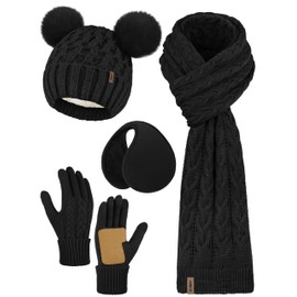Aneco Winter Beanie Hat with Pom Pom Scarf Touchscreen Gloves Ear Warmer Women Fleece Lined 4 in 1 Set for Cold Weather Black