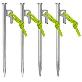 Zelthering 4 STK. 20 cm mit P-Haken und fluoreszierender Abspannleine - Stabiler Hering aus verzinktem Stahl, 9 mm Ø, für harten Boden, Camping, Vorzelte, Zelte, Pavillons