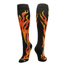 MadSportsStuff Flame Socks Athletic Over The Calf Socks (Black/Orange/Gold, Small)