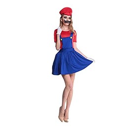 thematys® Super Plumber Childhood Hero Costume Women's Plumber Hero Costumes Women's Hat + Dress + Beard + Gloves Costume Set Women - Fancy Dress Costumes Adult (M, 160-165 cm, Style001)