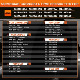 ISINFLASH Sensor de sistema de monitoreo de presión de neumáticos TPMS de 433 MHz compatible con Chrysler Jeep Wrangler JK Dodge Ram Charger Repuesto OE para 56029398AB 68142397AA 68241067AA 68241067AB 4 piezas