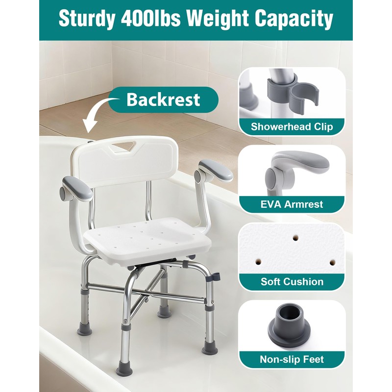 Shower Chair for Inside Shower with Adjustable Arms, 400lb Bathtub