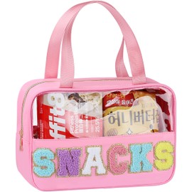 Snack Bag for Travel - Chenille Letter Clear Makeup Bag, Large Preppy Patch Snack Cosmetic Bag with Handle and Zipper, Cute Makeup Pouch Nylon&PVC Waterproof Toiletry Organizer Storage for Women Girls