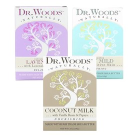 Dr. Woods Natural Bar Soap - Lavender & Lavender Flowers, Vanilla Bean & Coconut Milk, Unscented Baby Mild, Bundle Pack of 3