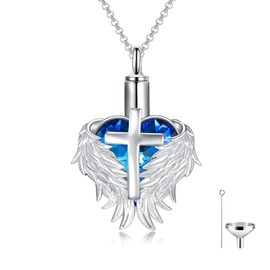 LEECCI Cross Urn Necklace for Ashes 925 Sterling Silver Angel Wings Urn Necklace Crystal Cross Keepsake Pendant Wings Cremation Jewelry for Ashes for Women Men