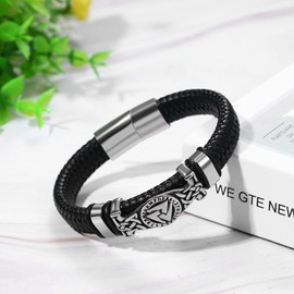 Flongo Leather Bracelet Men's Vikings: Thor's Hammer Triangle Leather Bracelet Black Silver Stainless Steel Mjölnir Engraving Chain Viking Leather Jewellery Multilayer Braided Leather Band for Men