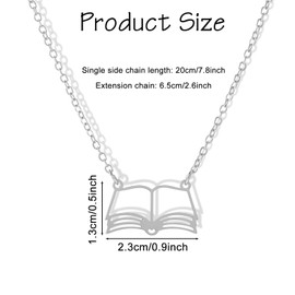 Lusofie Book Necklace Open Book Necklaces for Women Metal Hollow Book Pendant for Book Lovers Gifts (Silver)