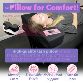 XOLLOZ Pillow for Eyelash Extensions - Curved Memory Foam Lash Bed Pillow with Neck and Back Support, Perfect Pillow for Eyelash Extensions, Two Pockets for Tools On The Sides of Pillow (Black) | XOLLOZ