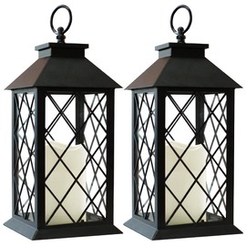 Bright Zeal 2-Pack 13.5" Vintage Candle Lantern with LED Pillar Candle (Black, 6hr Timer) - IP44 Waterproof Battery Powered Decorative Light - Outdoor Patio Hanging Lantern Decorative Tabletop Light