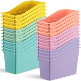 Affrolling 24 Packs Book Bins for Classroom Plastic Book Binder Holders Vertical Organizer Baskets Storage Boxes for Classroom Library Home Office Organization Stationery Supplies (Pastel Colors)