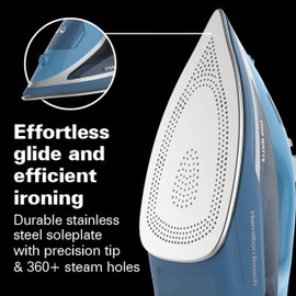 Hamilton Beach Steam Iron for Clothes & Garment Steamer with Durable Stainless Steel Soleplate, 1700 Watts for Ultra-Fast Heat, 8’ Retractable Cord, Auto Shutoff, 350 ml Water Tank, Blue (14216)