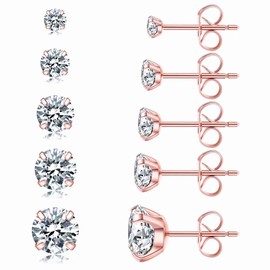 5 Pairs Stud Earrings Set, Hypoallergenic Cubic Zirconia 316L Earrings Stainless Steel CZ Earrings 3-8mm, Rose Gold (Rose gold)