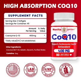 NUVITAGARDEN CoQ10 400mg, 90 Vegetarian Softgels - High Absorption, Vegetarian, Coenzyme Q10