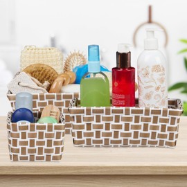 Relaxdays Set of 4 Woven Storage Baskets in 3 Sizes, Bathroom Basket, Decorative Basket, Plastic, White/Brown