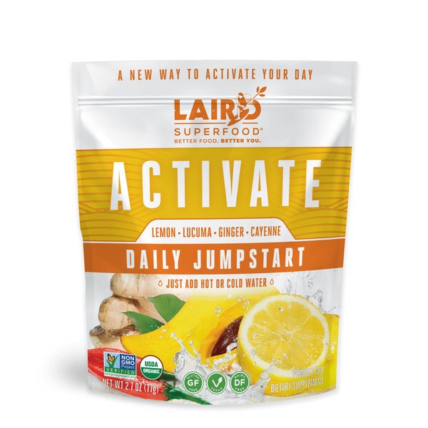 Laird Superfood Activate Daily Jumpstart Powder Drink Supplement, Lemon, Lucuma, Ginger and Cayenne Cleanse, Organic, 2.7 Oz Bag, Pack of 1