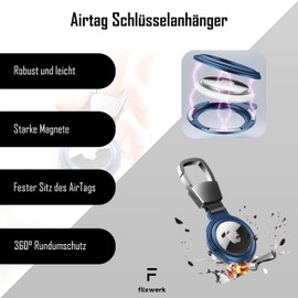 flixwerk® - AirTag Hülle mit Schlüsselanhänger Karabinerhaken (Schutzhülle für Air Tag) aus Metall inkl. Schutzfolienset (blau)