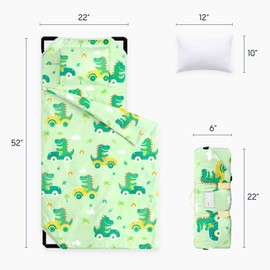 Wake In Cloud - Cot Nap Mat with Pillow and Blanket, for Toddler Kids Boys in Daycare Kindergarten Preschool Pre K with Elastic Corner Straps, Cute Dinosaur Driving Cars, Light Green