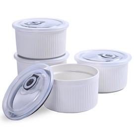 14 oz Ceramic Ramekins with Lids, Creme Brulee Ramekin Oven Safe with Covers, Small Baking Dishes Porcelain Ramekins Set for Souffle,Sauce Dessert, Set of 4 (White)
