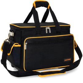 OUUTMEE 12 Inch Tool Bag with Waterproof Hard Bottom, Large Multi-Pockets Tool Tote Organizer with Adjustable Shoulder Strap