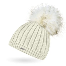 Neverless® Ladies Knitted Hat Lined Fur Pom Faux Fur Bobble Hat Fleece Lining, 15582 cream