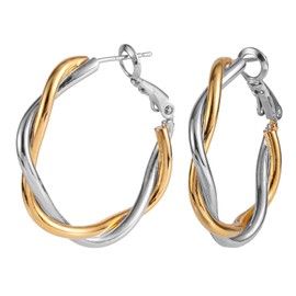 Gold and Silver Sleeper Earrings, Two Tone Copper Twisted Designed Chunky Mixed Metal Hoop Earrings Spiral Huggie Ear Jewelry Fashion Mixed Metal Skin-Friendly Jewelry for Women