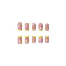 SINHOT Square Press on Nails Medium - Pink Flower Fake Nails Glossy Glue on Nails Yellow French Tip Acrylic Nails Squoval Artificial Nails Stick on False Nails with Design 24pcs
