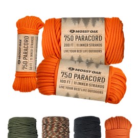 Mossy Oak Paracord 750 – Heavy Duty Nylon Paracord – Survival Rope, Ideal for Camping, Hunting, Fishing, Crafting & DIY Use – Thin Parachute Cord - 4mm Diameter - 200 feet Length - Orange
