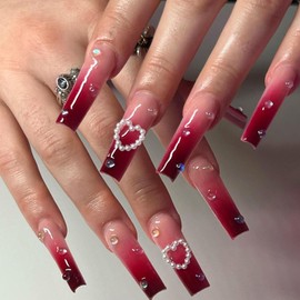 Press on Nails Long Fake Nails with Love Heart Pearl Designs Burgundy Gradient Acrylic Nails Press ons Glossy Glue on Nails Full Cover Stick on Nails for Women Girls 24 Pcs