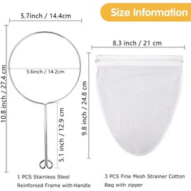 WMKGG Ultra Fine Mesh Strainer Bags, Reusable Mesh Filter Bags with Stainless Steel Handle Frame for Filter NutMilk, Coffee, Milk, Butter, Juices and Fresh Cheese (Small Size)