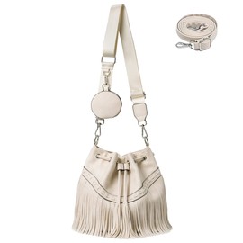 Sunwel Fashion Women Bucket Fringe Hobo Bag Western Purse Vegan Leather Tassel Hippie Shoulder Crossbody Bag, Off-white