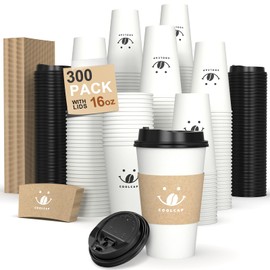 Coolcap Coffee Cups with Lids and Sleeves, 16 Ounce 300 Pack To Go Coffee Cups with Lids, Paper Hot Coffee Cups for Hot & Cold Beverage (White, 16 Ounce)