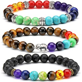 3 x Semi-Precious Tiger Eye Stones Bracelet 7 Chakra Reiki Energy Balance Bracelets Charms for Women and Men Gift