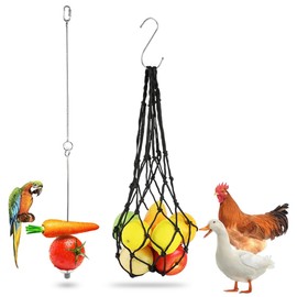 QOWIJEX Set of 2 Automatic Feeder Chickens, Chicken Feeder Automatic Feeding Mesh Bag Chicken Toy Accessories with Mesh Bag Stainless Steel Fruit Skewer Fruit Vegetable Holder Toy