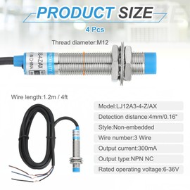 sourcing map 4Pcs Inductive Proximity Sensor,NPN NC M12 DC 6-36V 300mA Proximity Switch Detector Approach Sensor 4mm 3 Wire for Industrial Automation LJ12A3-4-Z/AX
