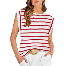 WIHOLL Tank Tops Women Loose Fit Red and White Striped Shirts Crew Neck Basic Tee Casual Summer Tops 2025 Fashion Cotton Oversized Tshirts Plus Size 2XL