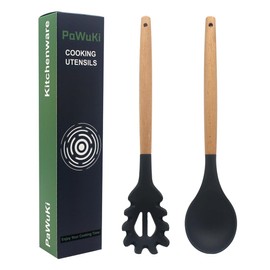 Silicone Pasta Fork and Silicone Cooking Spoon Set, Large Non Stick Kitchen Utensils for Cooking, Stirring, Serving Spaghetti, Soup, Sauce