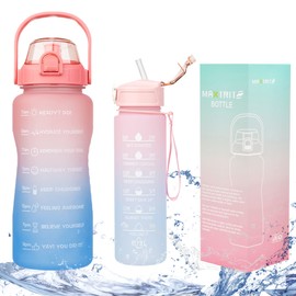 Half Gallon/64oz Daily Sports Water Bottle with Straw & Motivational Time Marker,BPA Free Plastic Water Jug,2 Liter Drinking Bottle for Fitness,Travel,Camp and Outdoor Sports(2Pack, Pink to Blue)
