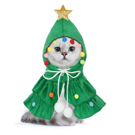 HIENAJ Cat Christmas Costumes Green Pet Cloak with Hat with Star and Pompoms Puppy Cape Clothes Xmas Tree Elf Costume Party Pet Outfit Supplies Accessories for Small Dogs Cats Pet Santa Presents