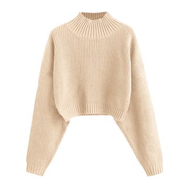 ZAFUL Women's Cropped Turtleneck Sweater Lantern Sleeve Ribbed Knit Pullover Sweater Jumper (1-Apricot, M)