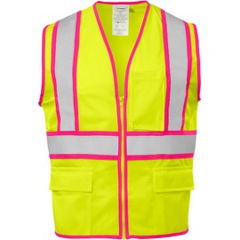 Ironwear 1284-LZ-PT-3-LG ANSI Class 2 Polyester Mesh SAFETY Vest with Zipper & 2" Silver Reflective Tape w/Pink Trim, Lime, Large