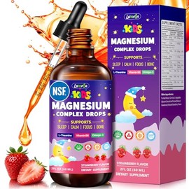 NSF Certified Kids Magnesium Liquid Drops - Magnesium Glycinate for Kids with L-Theanine, Omega-3, Zinc & Vitamins D3 B6, Magnesium Drops for Kid Slee