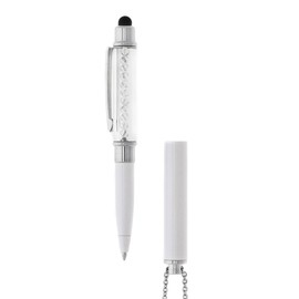 Luxurious ballpoint ‘Stylus’ pen necklace embellished with crystals. Rubber tip for cell phone & tablet use. 4mm glistening clear crystals. Glossy pearl-white base with a 30” chain.